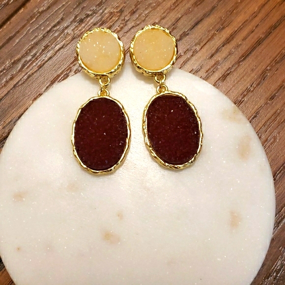 New Gold Druzy Quarts Stones Drop Earrings - Picture 4 of 7